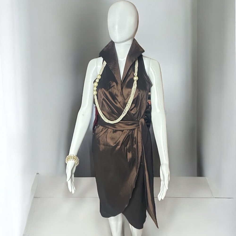 TADASHI Collection Dark Brown Belted Faux Wrap Dress Sz 6 Halter type